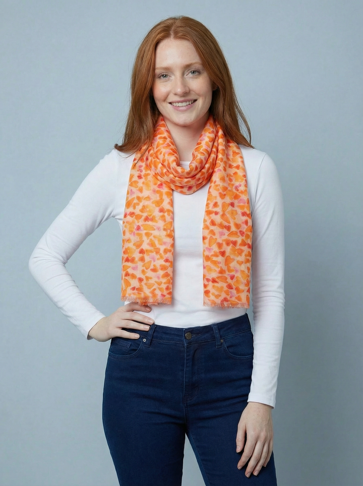 No.101 Heart  Print Scarf-Cream & Orange