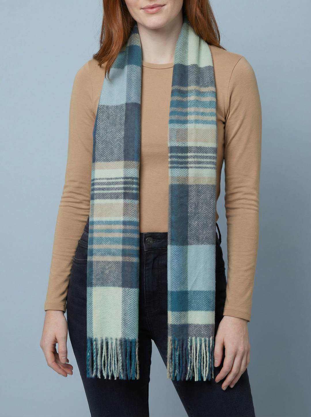 No.62 Check Print Scarf-Teal & Mocha