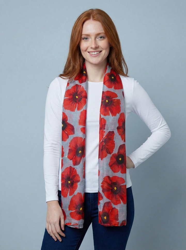 No.119 Poppy Print Scarf-Grey & Red