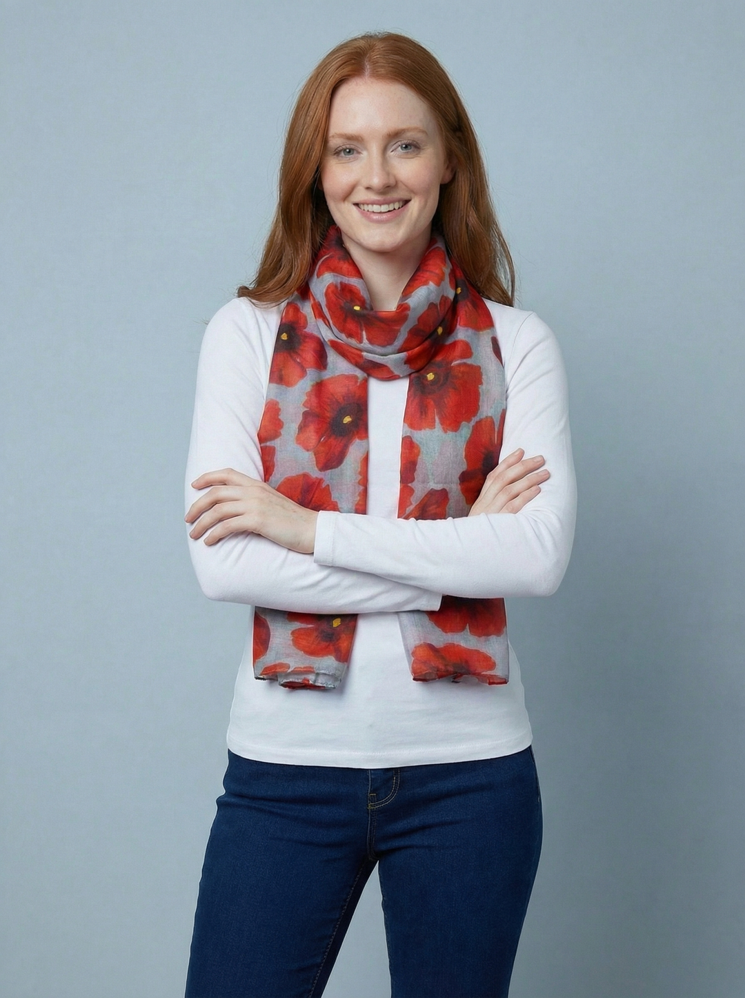 No.119 Poppy Print Scarf-Grey & Red