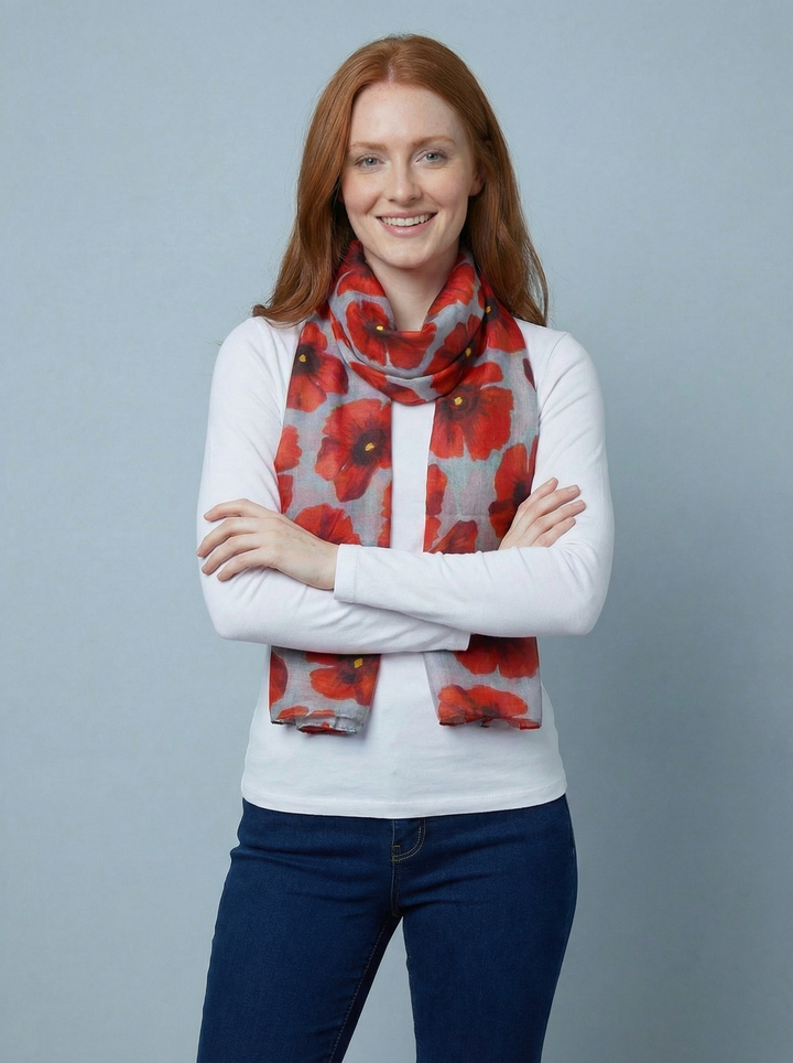 No.119 Poppy Print Scarf-Grey & Red