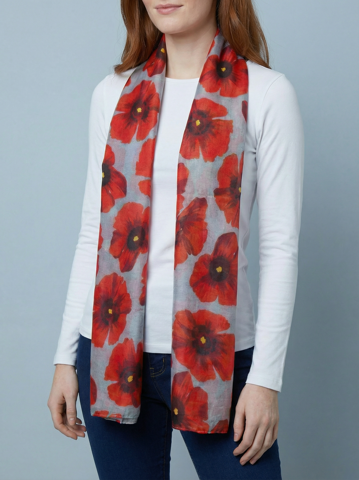 No.119 Poppy Print Scarf-Grey & Red