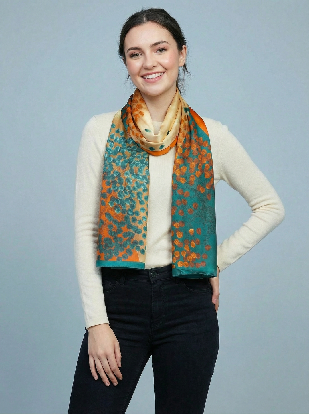 No.125 Artistic Print Scarf - Teal / Orange & Tan
