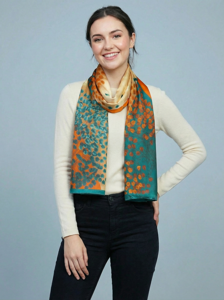 No.125 Artistic Print Scarf - Teal / Orange & Tan
