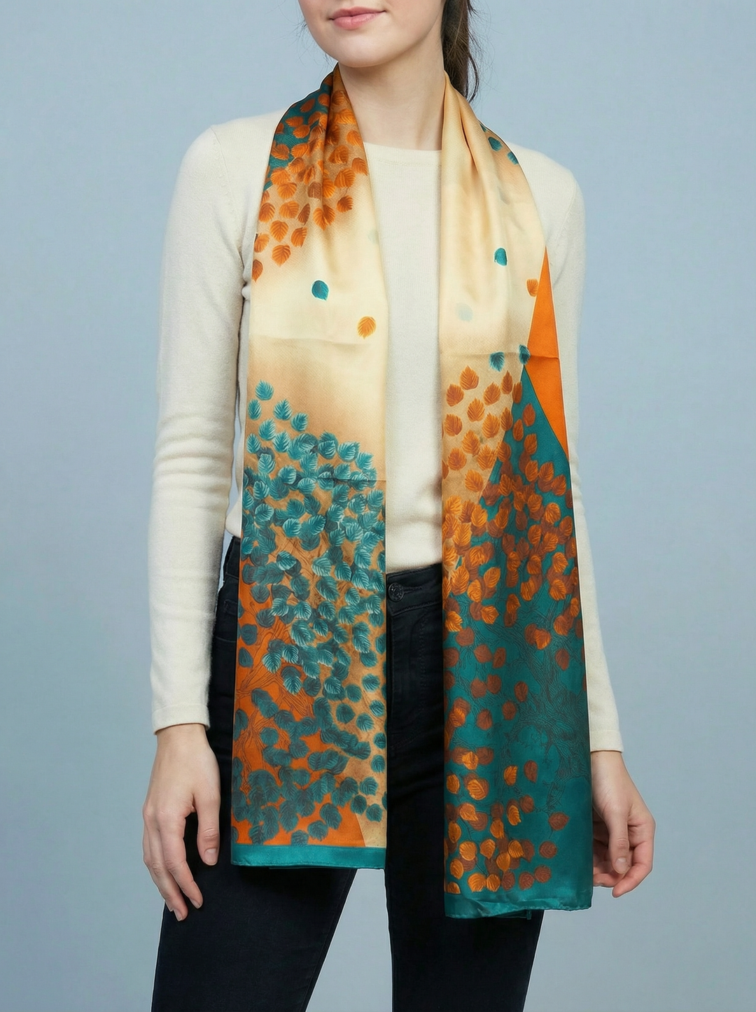 No.125 Artistic Print Scarf - Teal / Orange & Tan