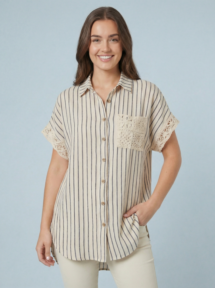 "NOVA” Stripe Shirt - Cream / Grey