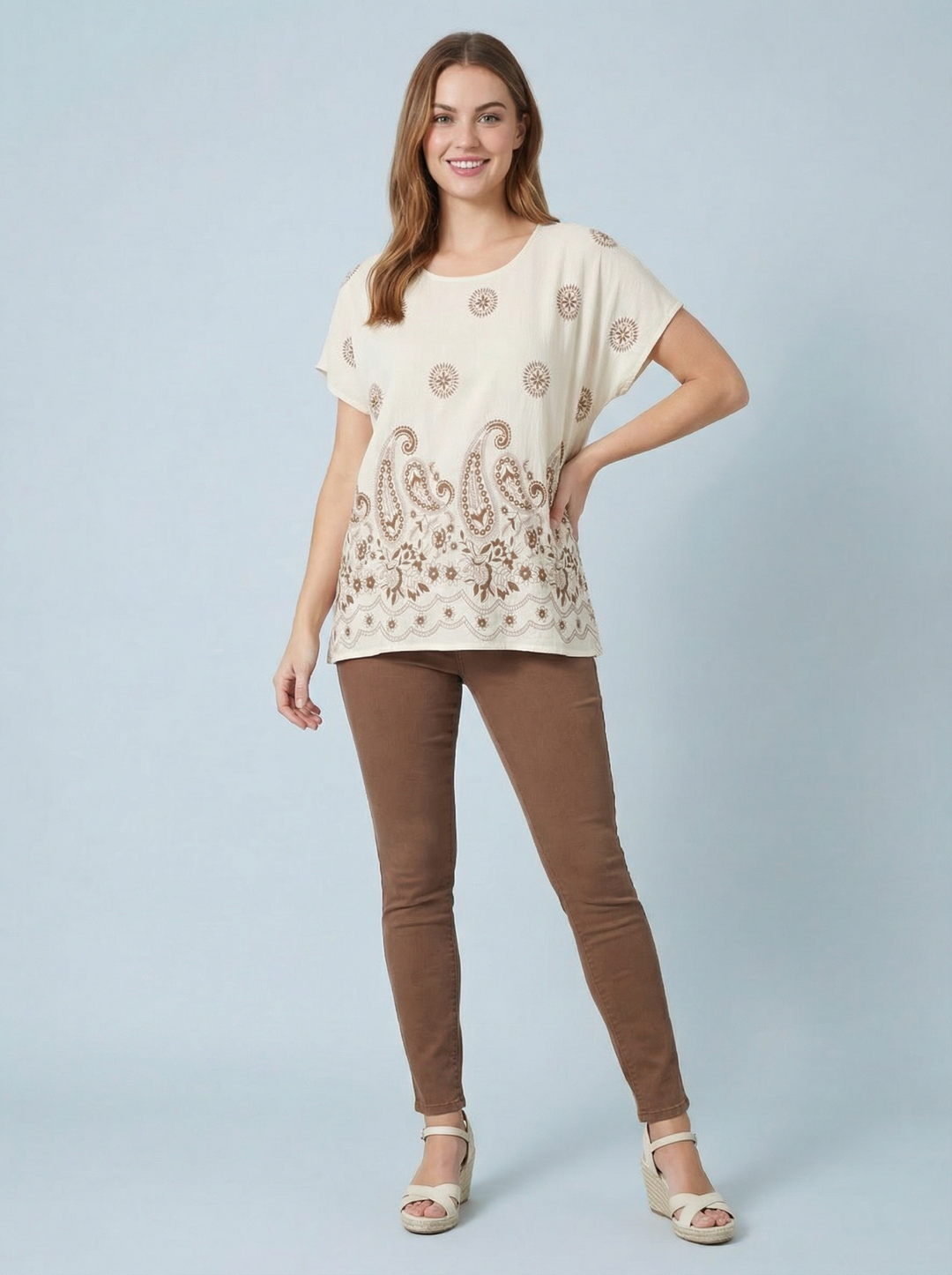 "KIA” Paisley Top - Cream & Brown