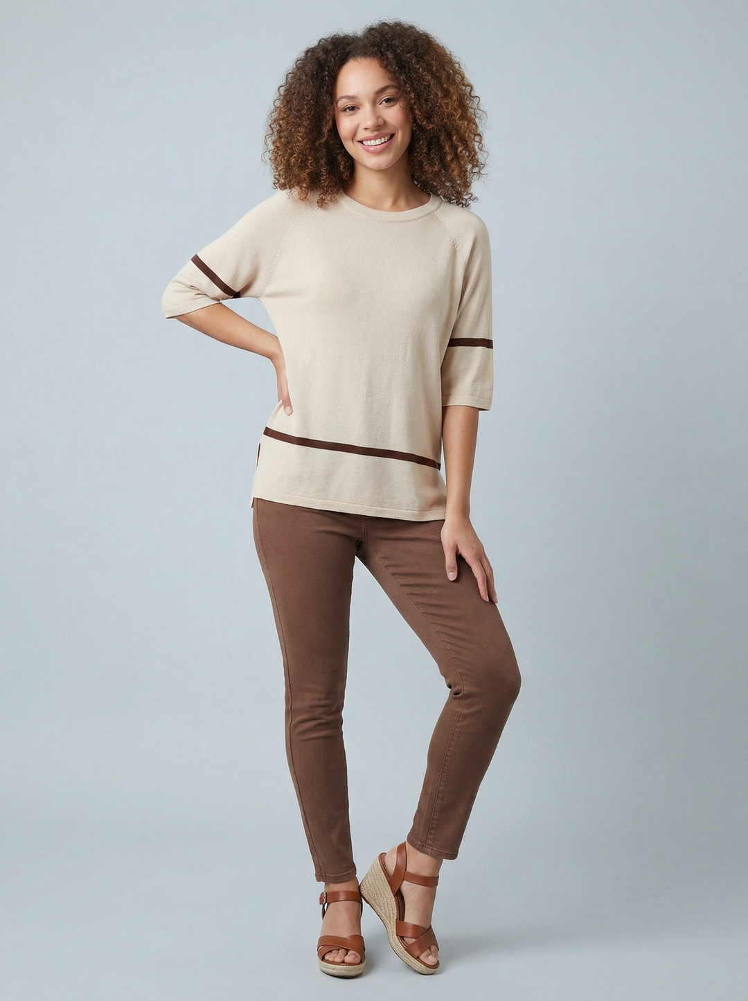 "LYRA” Fine Knit Top - Cream / Brown