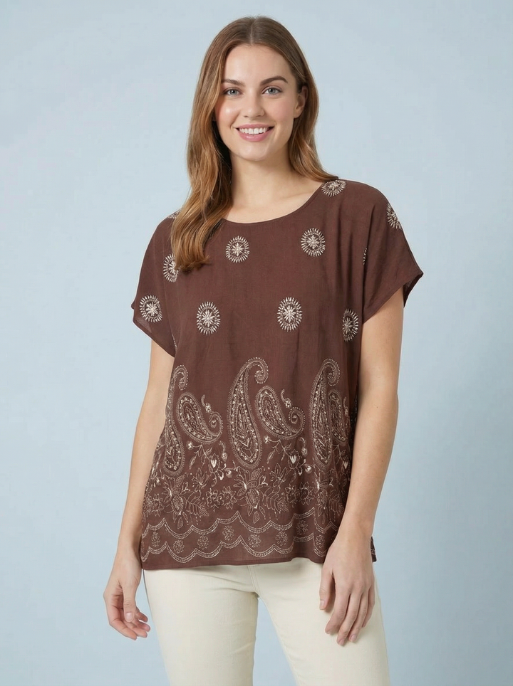 "KIA” Paisley Top - Brown/Cream