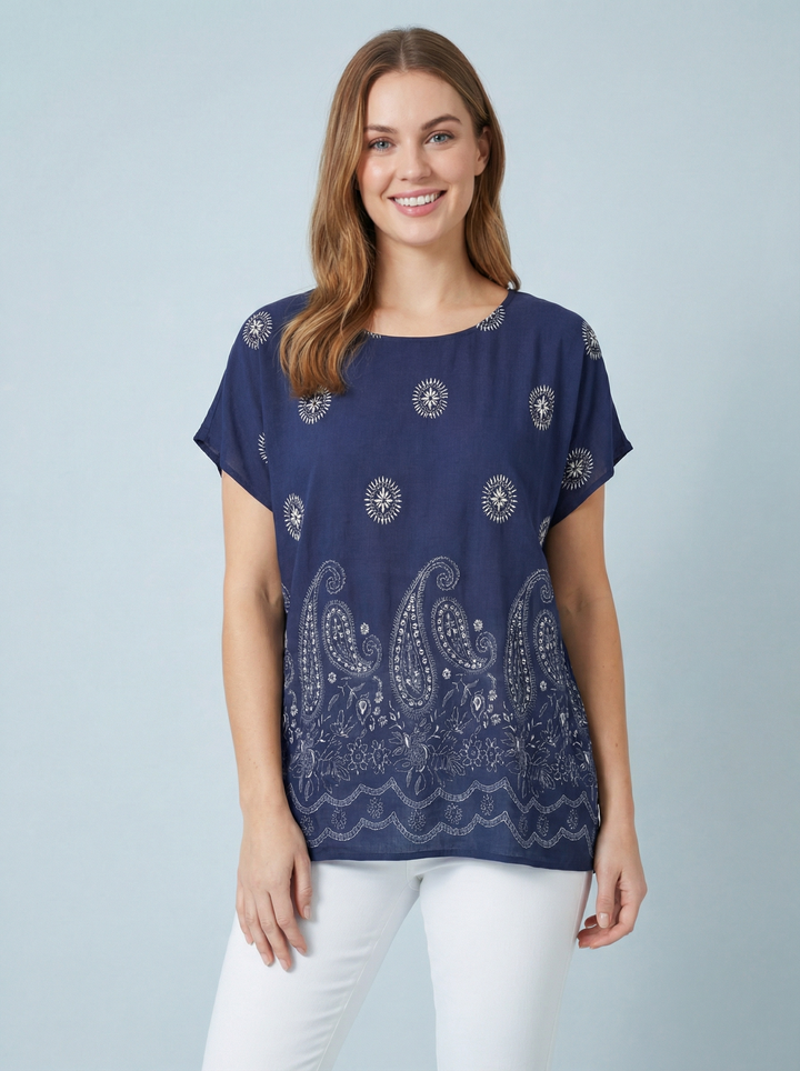 "KIA” Paisley Top - Navy & White