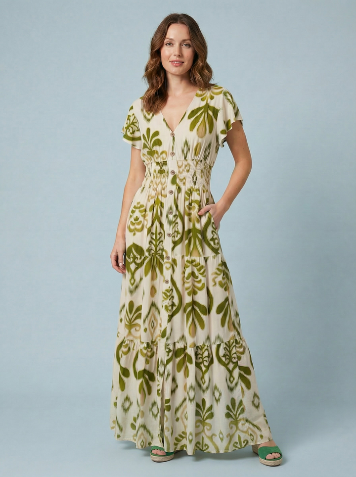 "PEYTON" Artistic Print Maxi Dress  - Green/ Cream