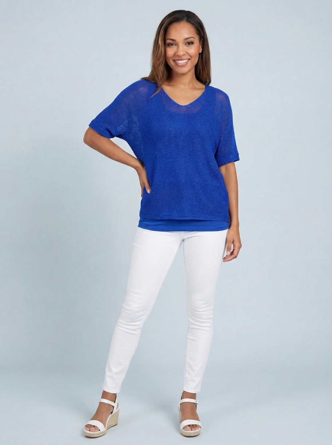 “TIFFANY” Button Back Fine Knit Top - Royal Blue