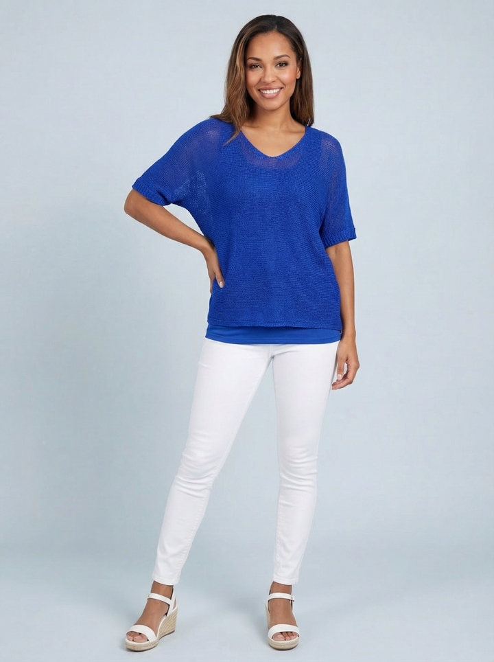 “TIFFANY” Button Back Fine Knit Top - Royal Blue
