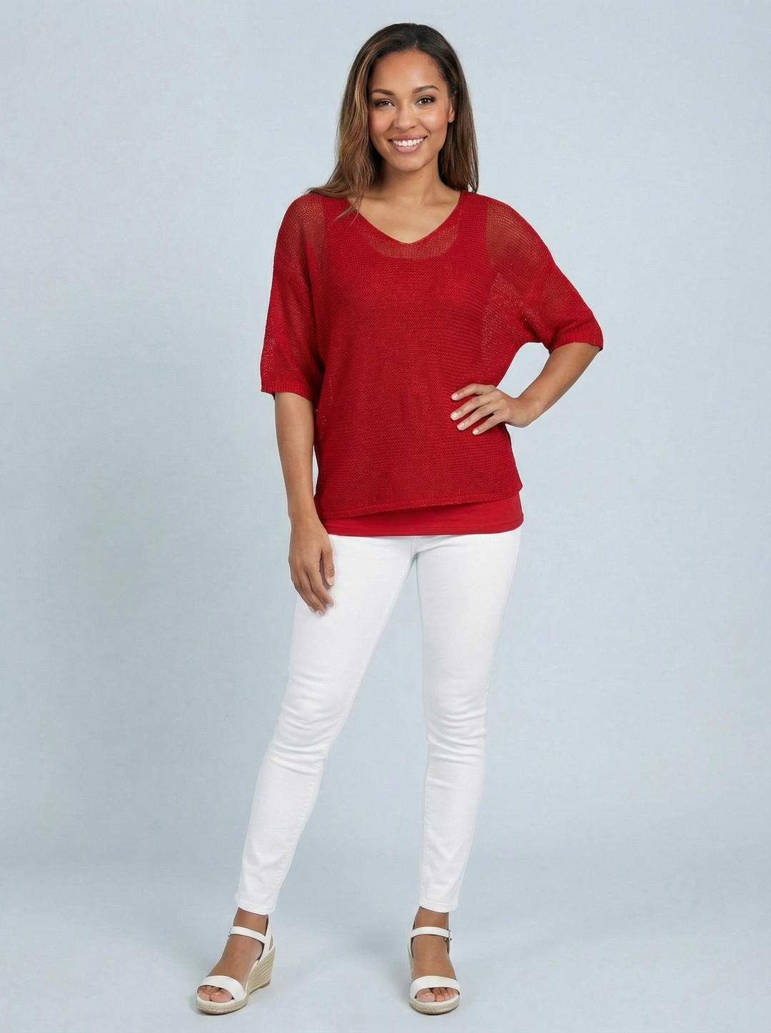 “TIFFANY” Button Back Fine Knit Top - Red