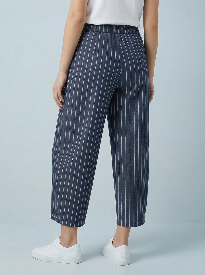 “ISLA” Denim Stripe Barrel Trouser - Dark Denim