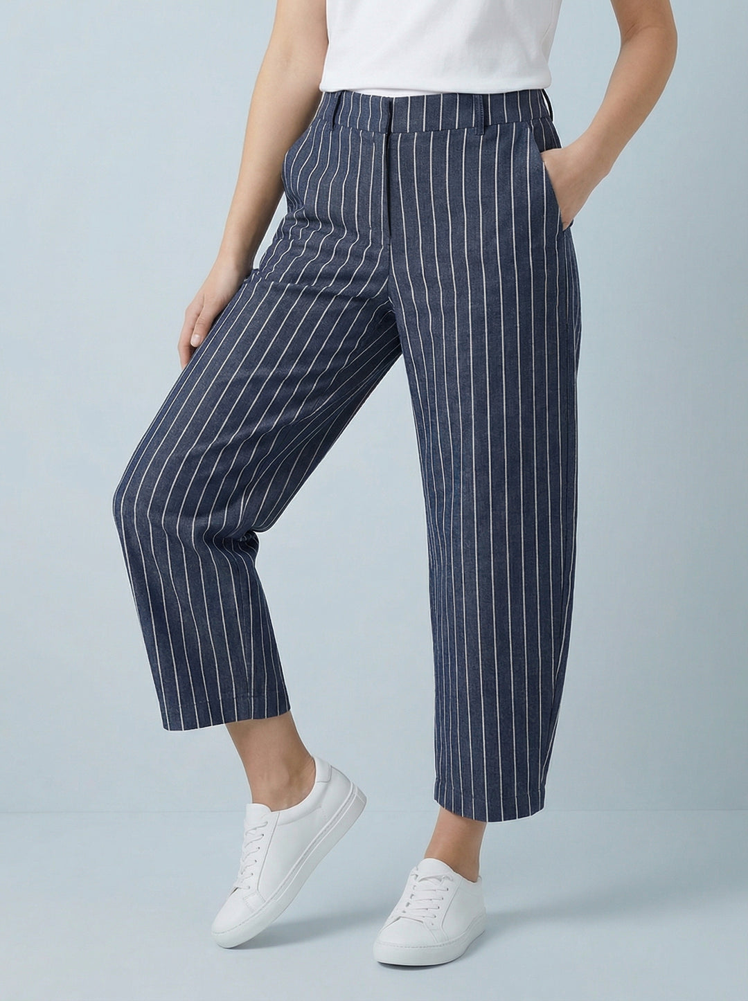 “ISLA” Denim Stripe Barrel Trouser - Dark Denim