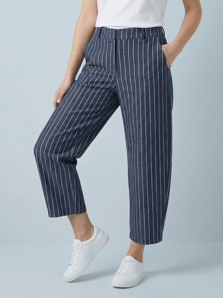 “ISLA” Denim Stripe Barrel Trouser - Dark Denim