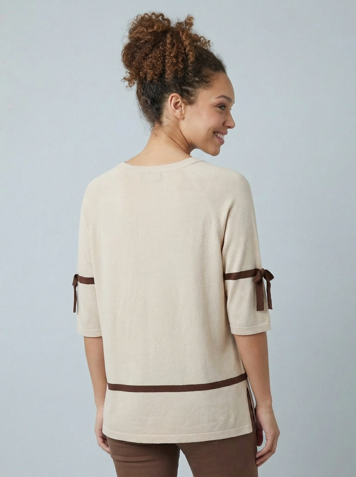 "LYRA” Fine Knit Top - Cream / Brown