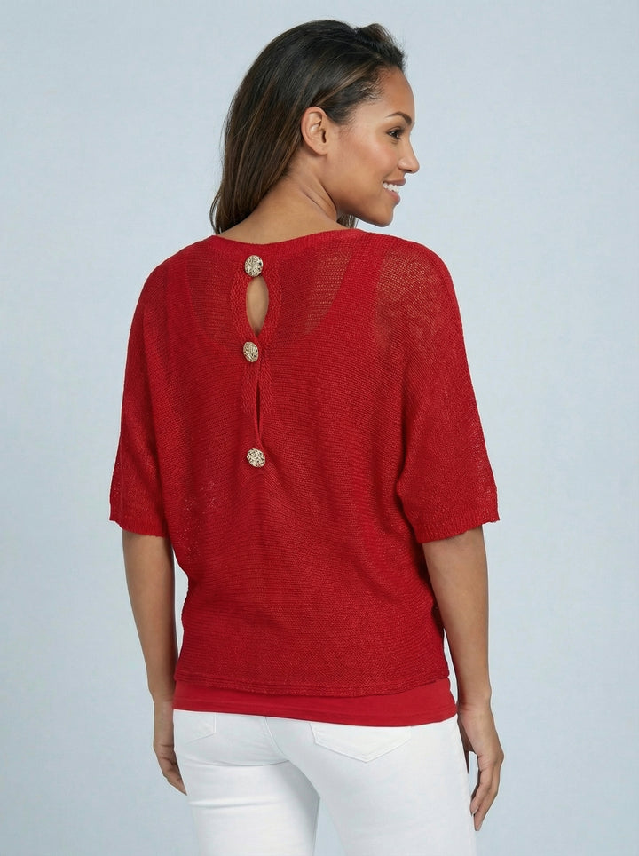 “TIFFANY” Button Back Fine Knit Top - Red