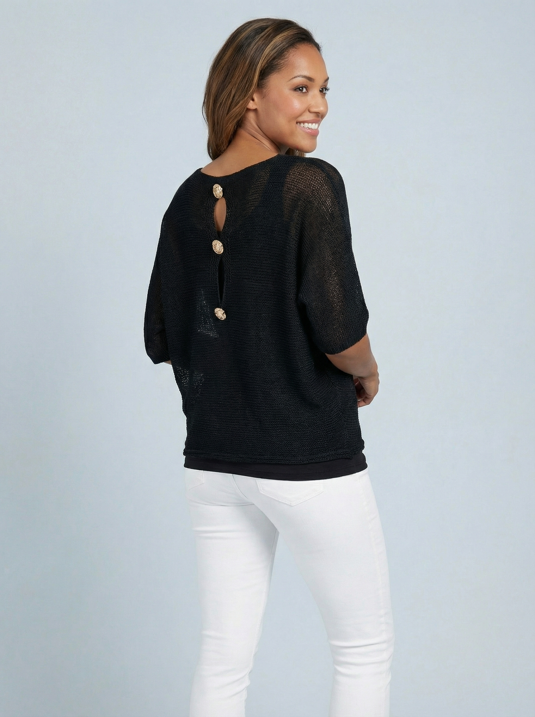 “TIFFANY” Button Back Fine Knit Top - Black
