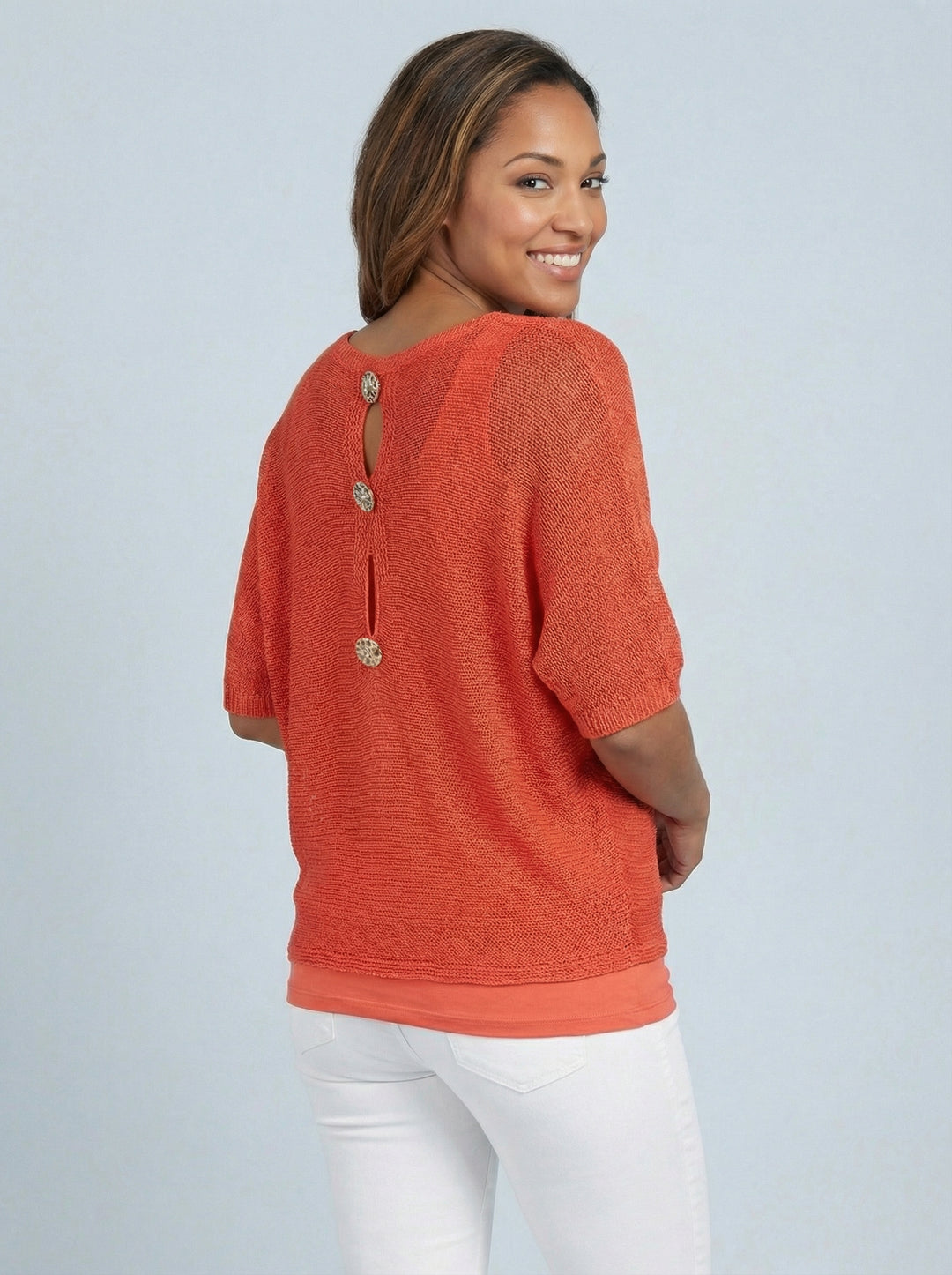“TIFFANY” Button Back Fine Knit Top - Coral