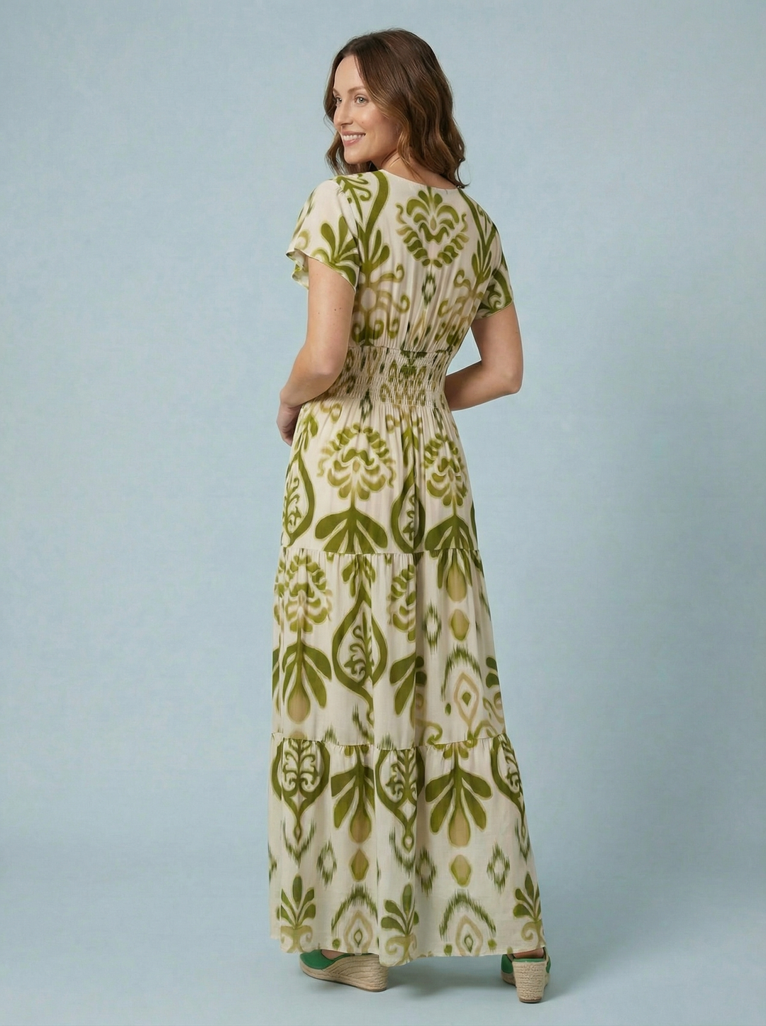 "PEYTON" Artistic Print Maxi Dress  - Green/ Cream