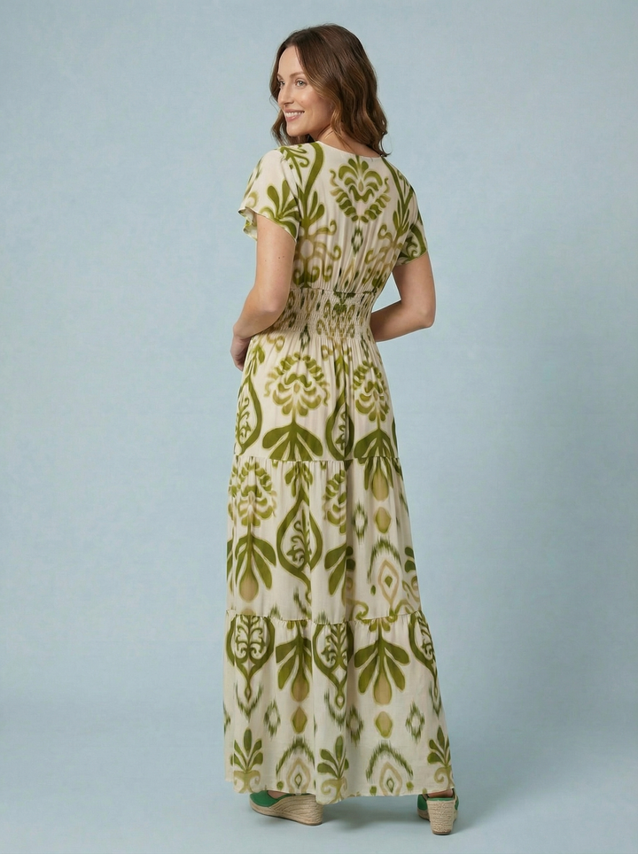 "PEYTON" Artistic Print Maxi Dress  - Green/ Cream