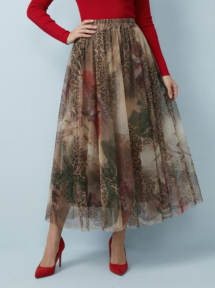 "IZZY" Animal Print Tulle Skirt - Tan / Cream