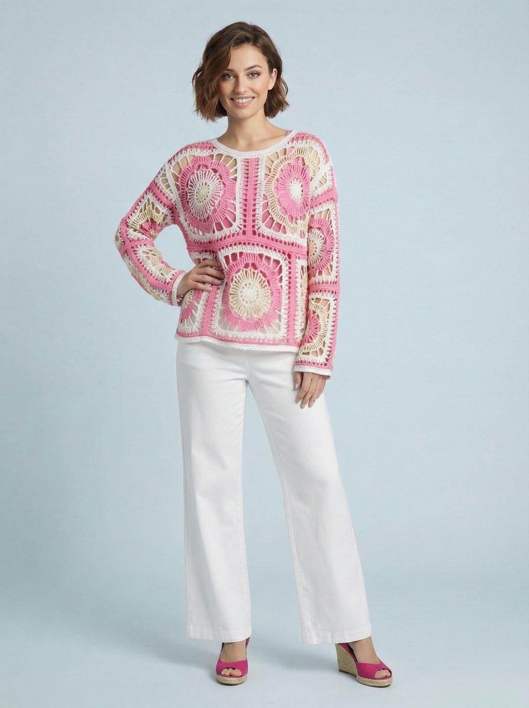 "DONNA” Crochet Top - Pink & White