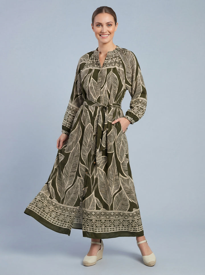"LEXIE” Leaf Print Shirt Dress - Khaki & Cream