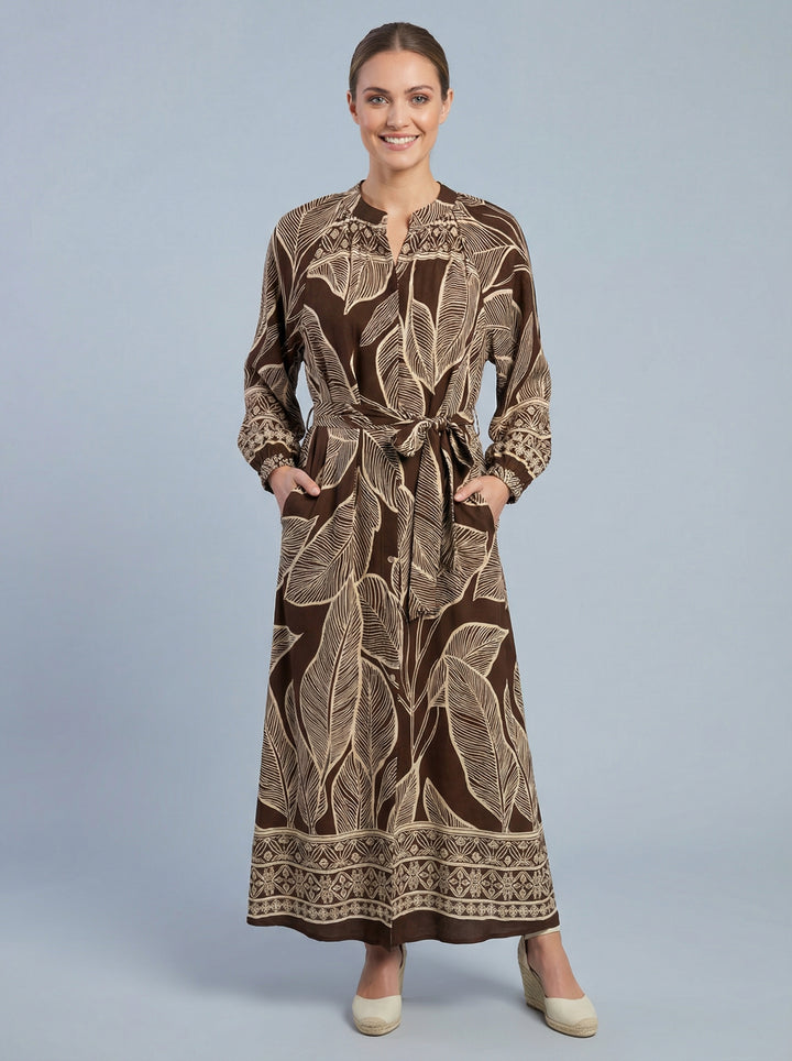 "LEXIE” Leaf Print Shirt Dress - Brown & Cream
