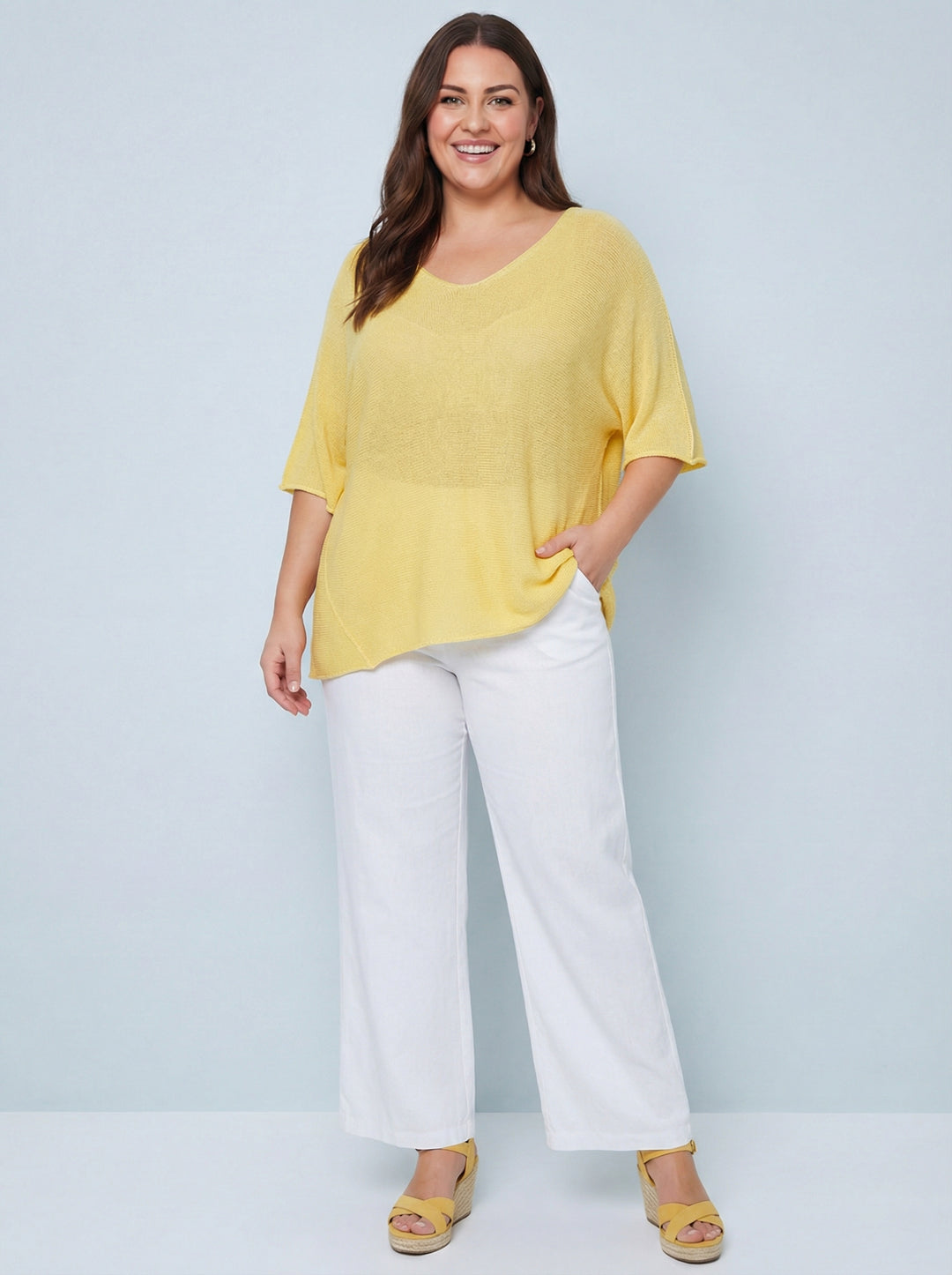 "EVIE” V-Neck Fine Knit Top - Yellow
