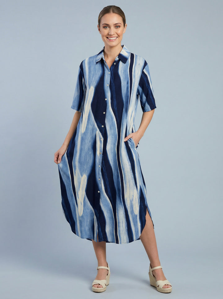 “JANET” Printed Shirt Dress - Navy