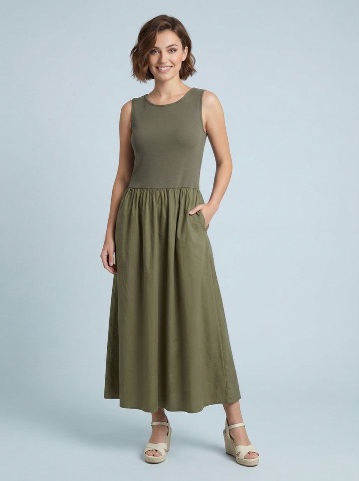 "STEPH” Sleevless Ribbed Dress - Khaki