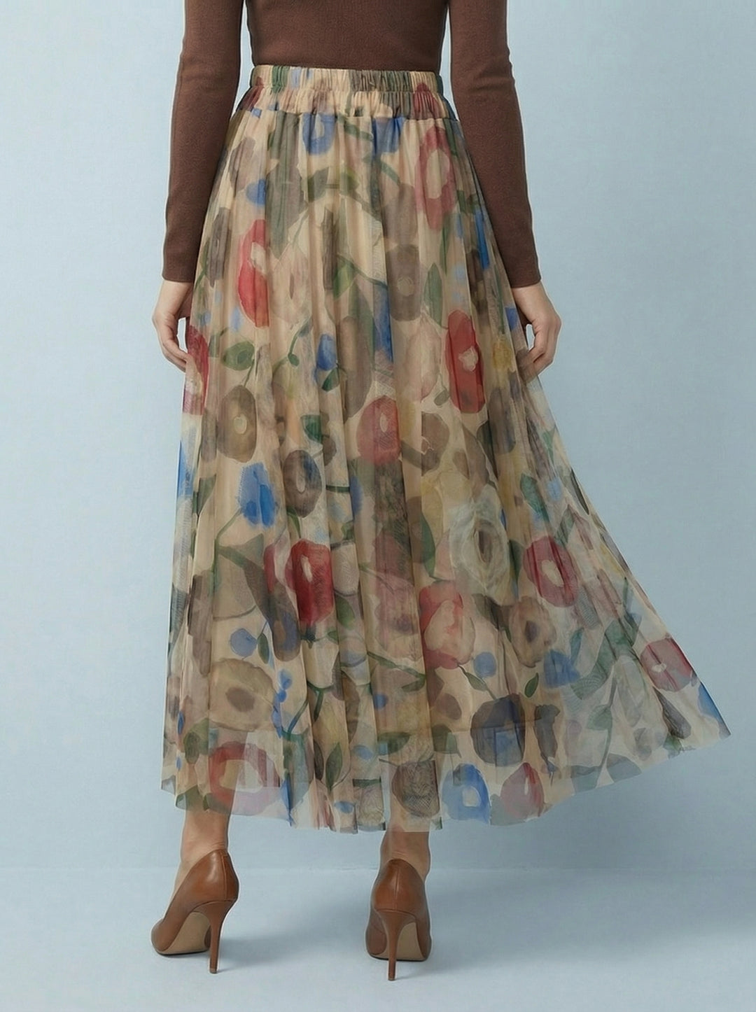"IZZY" Artistic Print Tulle Skirt - Cream / Brown