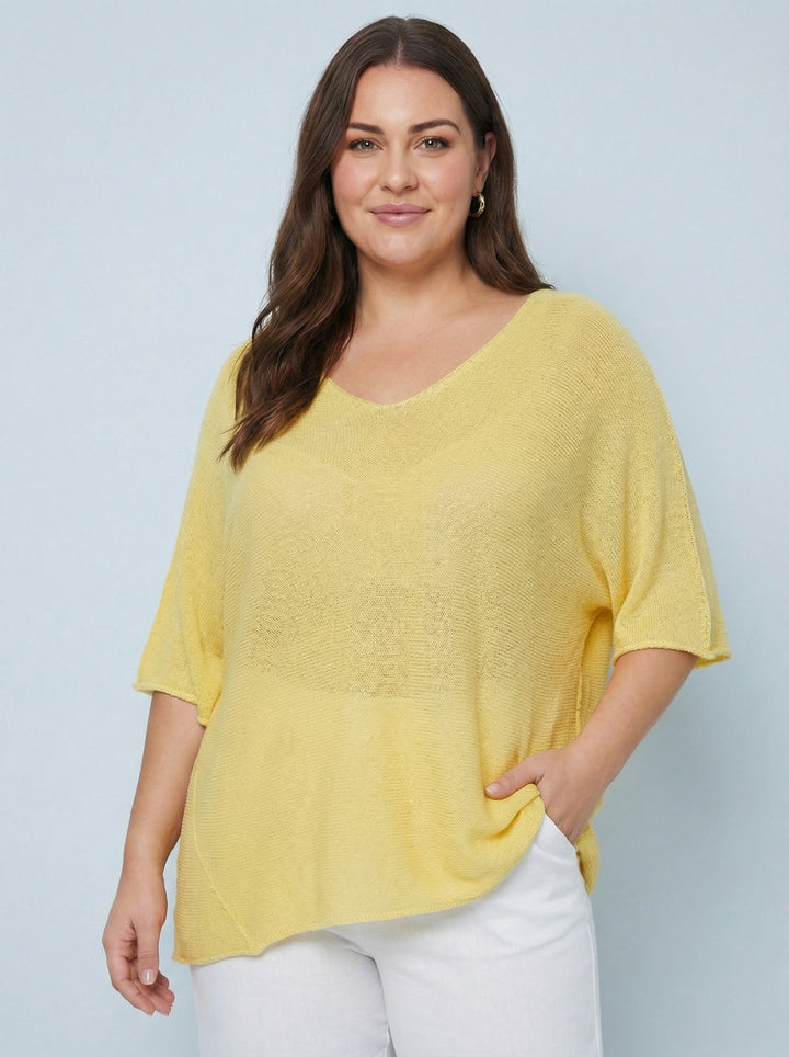 "EVIE” V-Neck Fine Knit Top - Yellow