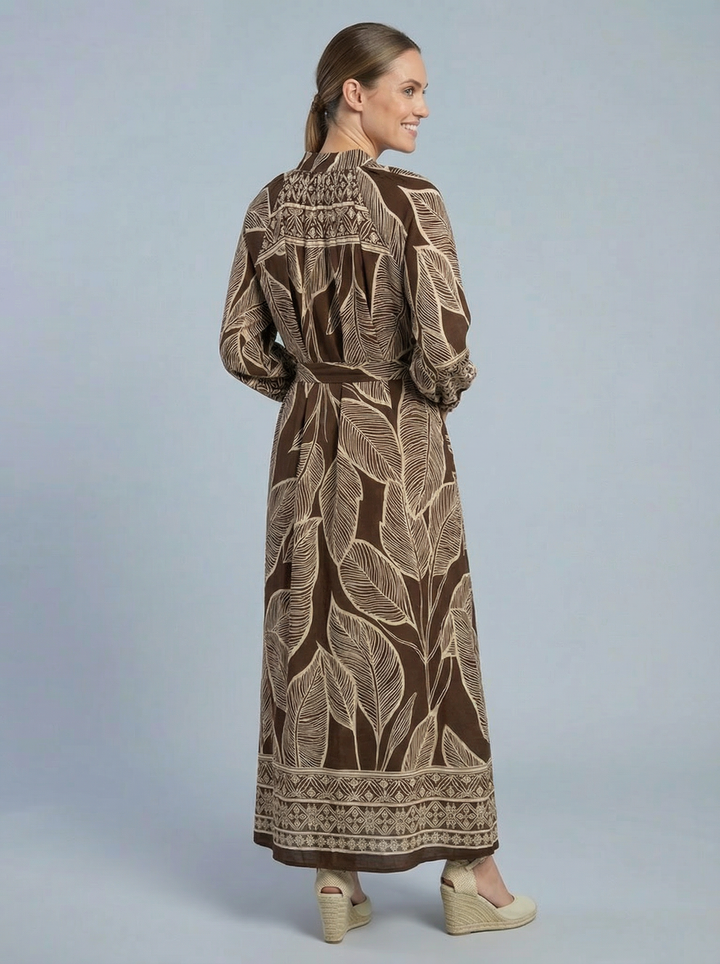 "LEXIE” Leaf Print Shirt Dress - Brown & Cream