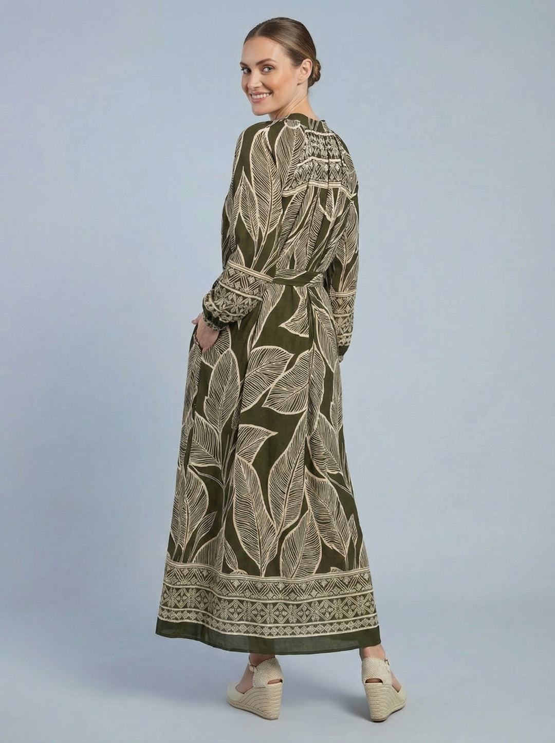 "LEXIE” Leaf Print Shirt Dress - Khaki & Cream