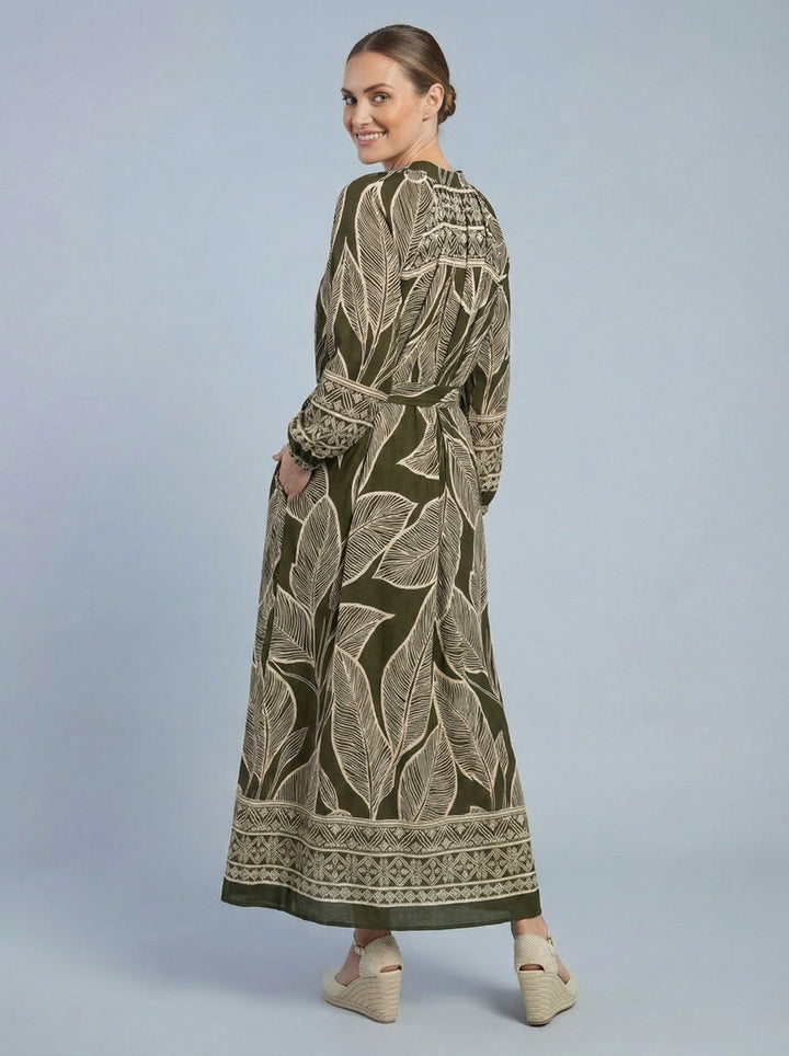 "LEXIE” Leaf Print Shirt Dress - Khaki & Cream