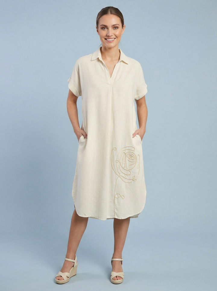 "GWEN” Linen Blend Collared Dress - Cream