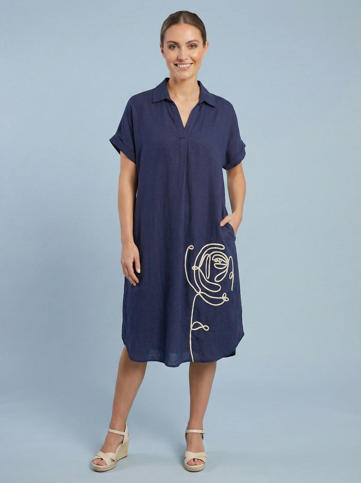 "GWEN” Linen Blend Collared Dress - Navy