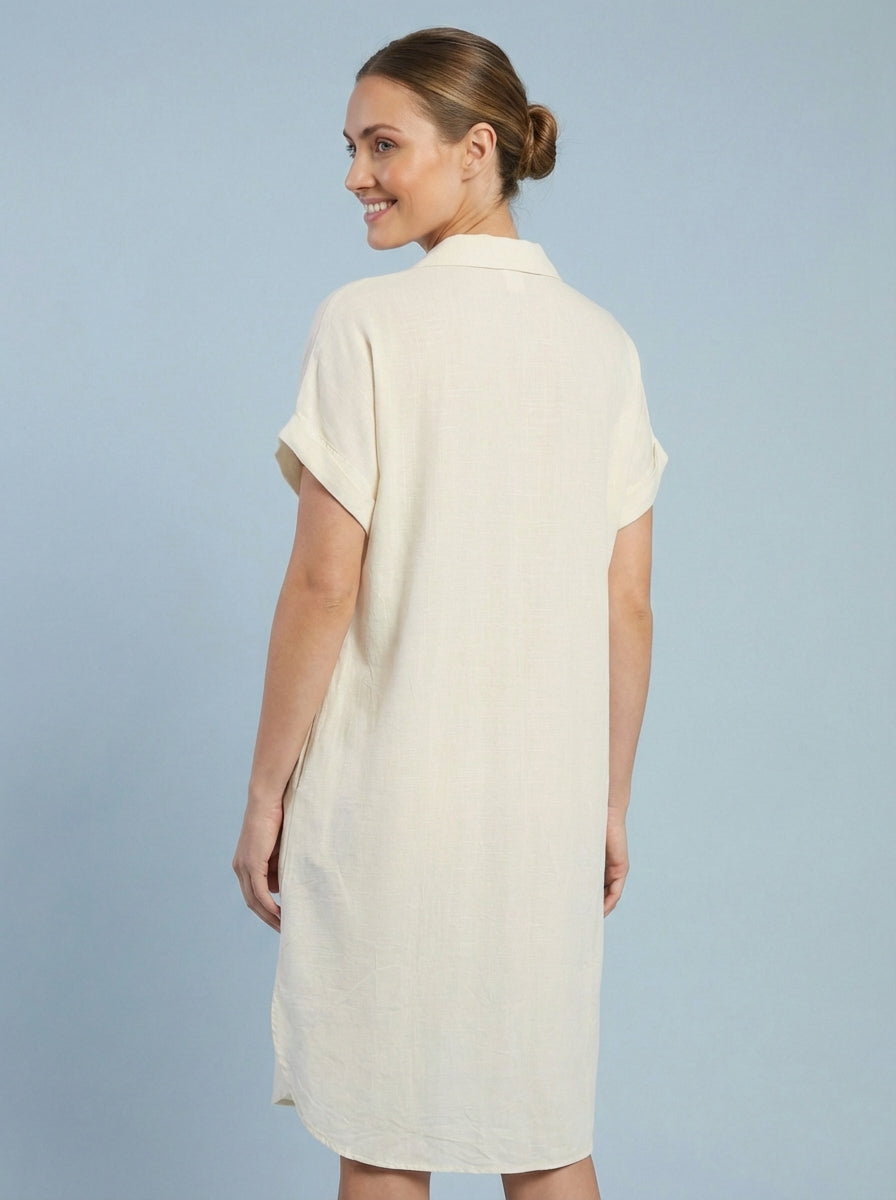 "GWEN” Linen Blend Collared Dress - Cream