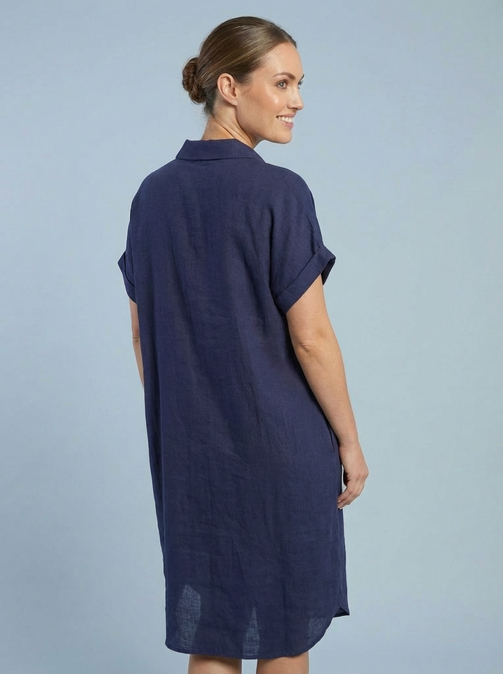 "GWEN” Linen Blend Collared Dress - Navy