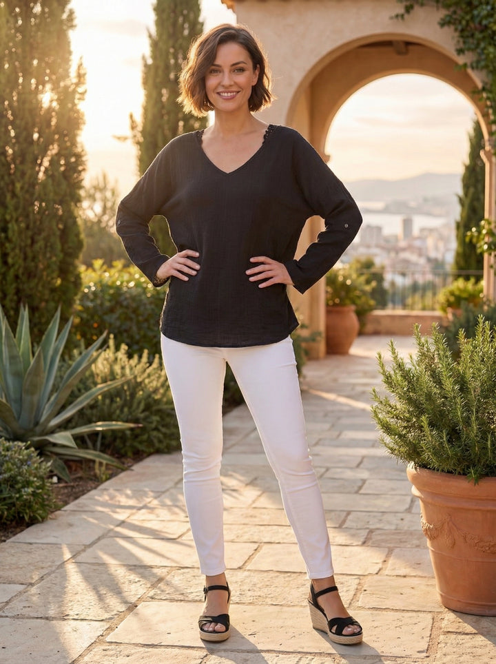 “LOTTIE” V- Neck Crochet Back Blouse
