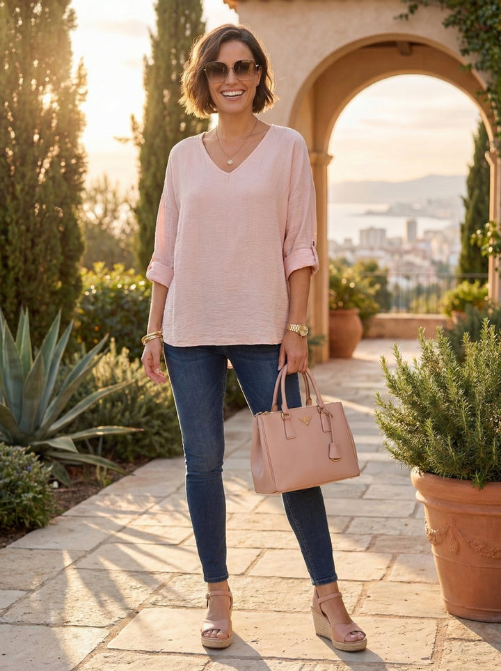 “LOTTIE” V- Neck Crochet Back Blouse - Blush Pink