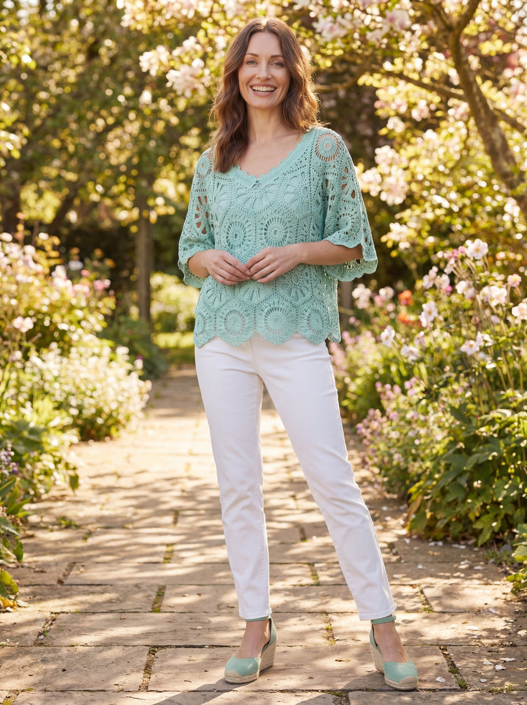 "JADE” V-Neck Crochet Top With Vest - Mint