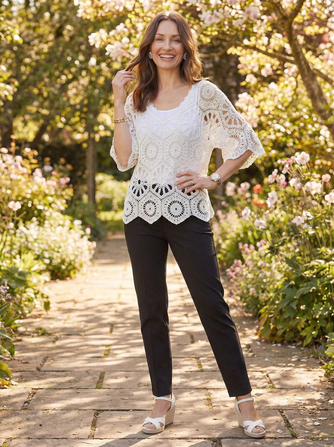 "JADE” V-Neck Crochet Top With Vest - White