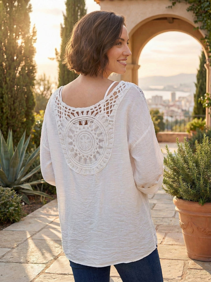 “LOTTIE” V- Neck Crochet Back Blouse - White
