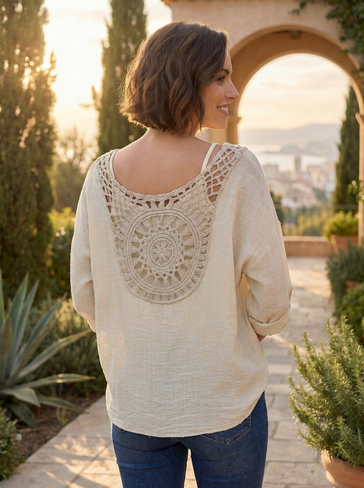 “LOTTIE” V- Neck Crochet Back Blouse - Cream