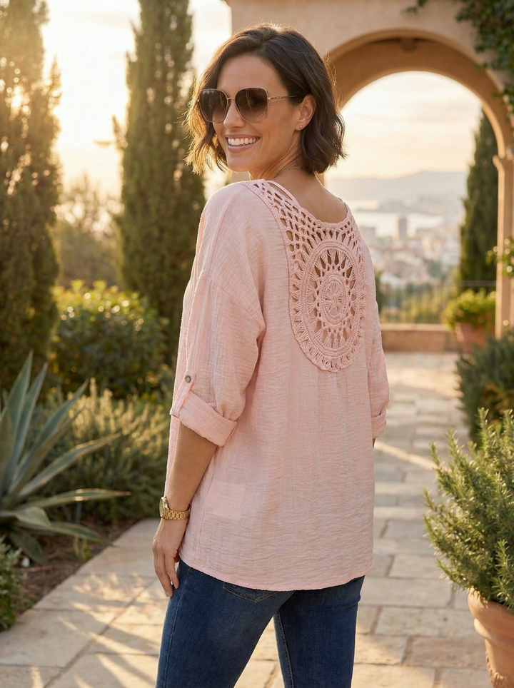 “LOTTIE” V- Neck Crochet Back Blouse - Blush Pink